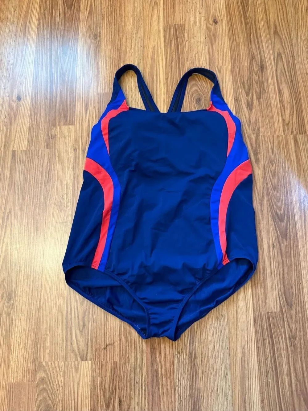 Lands' End Women's Colorblock Crossback One Piece Swimsuit Navy Red Size 18L